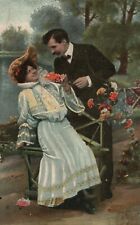 Vintage Postcard 1907 Well Dressed Man & Woman in Love Flowers Lake Background picture