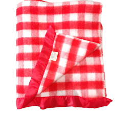 Vintage Stevens Utica Plaid Acrylic Blanket red white Nylon edge gingham picnic picture