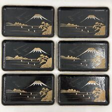 Vintage Set Of 6 Trays Occupied Japan 1945-1951 Mount Fuji Scenic Black Lacquer picture