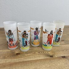 Set of 5 Vintage “Famous Oklahoma Indians” Knox Oil Blue Eagle Frosted Glass Set picture