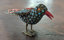 Vintage TIBETAN BRASS BIRD FIGURINE Encrusted with Turquoise & Coral Stones picture