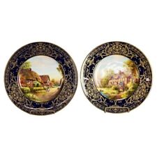 Antique Pair Royal Worcester English Porcelain Hand Painted Scenic Plates C1910 picture