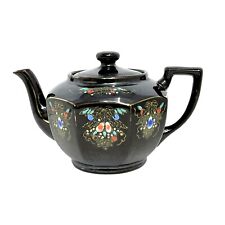 Vintage Black Teapot Hand Painted Floral Gold Trim Made In Japan picture