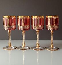 4 Bohemian Moser Style Glass Wine Goblets Cabochon Cranberry and Gold  7 1/4”H picture