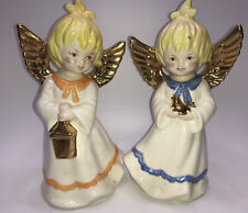 2 Vintage Glazed Ceramic Christmas ANGELS W/Gold Accents Holding Lantern &  Dove picture