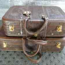 Pair of Vintage Mexican Leather Tooled Suitcases - Excellent w Keys picture