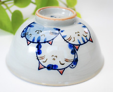 Japanese Handmade Rice Bowl Torio Cat  Blue White Light-Grey Pottery Seto ware picture