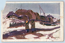 Russia Postcard Two People Wearing Jacket Winter Scene 1916 Posted Antique picture