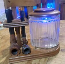 Vintage Grandpa's Walnut 4 Pipe Stand Holder/Glass Tobacco Humidor And 4 Pipes  picture