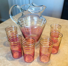 vtg MCM Pink & Gold cocktail pitcher W 6 drinking glasses barware picture