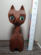 9”Mid-Century 1960 Witco Style Tiki Wood Carved Cat Sculpture Blue Felt Eyes MCM picture