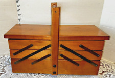 Vintage Accordion Style Wood Sewing Box Open to 46