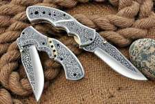 custom handmade antique D2 steel hand engraved folding pocket knife with sheath. picture