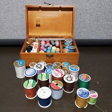 Vtg Sewing Wooden Box with Treads Spools  (Lot 53 pcs) Storage Case picture