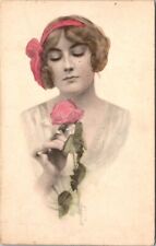 Beautiful Woman Smelling Colored Pink Rose Schlesinger Bros c1910s postcard EQ5 picture