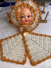 Vintage Crochet Pot Holders Blue Eye Girl Face MCM Kitchen Wall Decor Kitschy picture