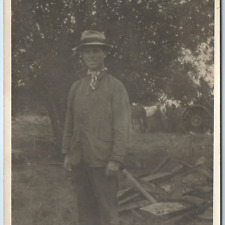 c1910s Outdoors Man w/ Bucket Hat RPPC +Old Steam Tractor on Farm PMO Horse A212 picture