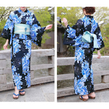 Japanese Womens' Yukata Obi Footwear 3pcs Set Sazanka Blue Summer Kimono Pre picture