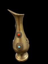 Antique Decorative Brass Bejeweled Vase Red & Blue Accents 8” picture