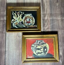 Lot of 2 Native American Pottery Artist Signed Framed On Canvas Artwork picture