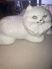 Vintage Ceramic White Persian Cat Statue Laying Down Yellow Eyes 10.5