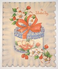 Vintage Valentine's Card Die Cut Scalloped Hat Box Flowers Glittery Cellophane picture