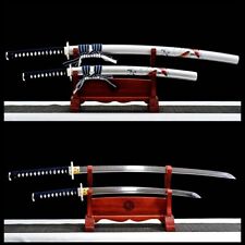Koi&Wave Set Clay Tempered T10 Steel Katana+Wakizashi Japanese Samurai Sword 2PC picture