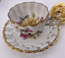 Cherry Brand Japan China Vintage Footed Tea Cup Set Yellow & Pink Roses Cut Out picture