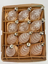 Vintage Frosted Glass Flocked Snowflake Striped Teardrop Ornaments Set Of 12 picture