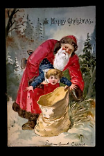 Red Robe~Santa Claus Tosses Child in Toy Sack~Antique Christmas Postcard~h932 picture