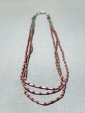 FABULOUS VINTAGE NAVAJO 3 STRAND CORAL STERLING SILVER NECKLACE picture