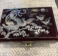 Vintage Asian Lacquered Mother Of Pearl Inlay Pheasants Jewelry Box           B1 picture