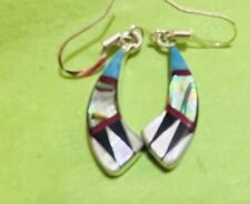 Navajo 2-Sided Sterling Turquoise, Coral, Abalone Onyx Earrings #940 picture