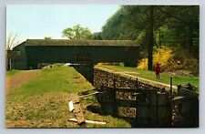 Canal Lock & Covered Bridge Bristol Pennsylvania Vintage Unposted Postcard picture