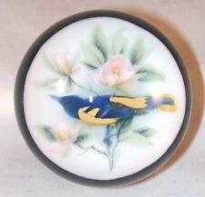 1970s Henry Davis Blown Art Glass Paperweight Blue & Yellow Bird on Pink Flowers picture