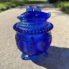 Vintage Hofbauer Byrdes Cobalt Blue Three Footed Glass Candy Dish Lid Two Birds picture