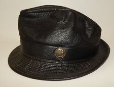 Vintage Black Leather Fedora Hat Lion & Unicorn Crest Coat of Arms 7-1/8 picture