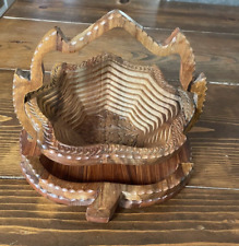Collapsible Basket Fruit Wood Bowl Wooden Vintage Folding Spiral Cut Leaf Design picture