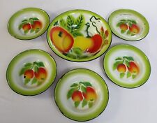 Vintage Set 5 Fruit Enamelware Lunch Plates Master Bowl Farmhouse Peaches picture