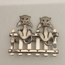 Vintage signed Beau 925 sterling silver 2 CATs on a fence brooch pin picture