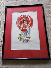 Original Watercolor Oriental Girl Red Kimono Umbrella Doll Black Hair Arlene... picture