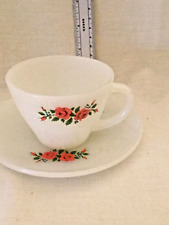 Fire King Cup and Saucer Milk Glass with Pink Rose Pattern Vintage picture