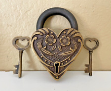 Victorian Heart Shaped Brass Padlock, Antique Finish with 2 Keys New picture
