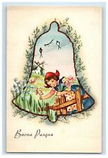 c1930's Happy Easter Italian Giant Bell Girl Planting Flowers Vintage Postcard picture