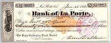 Bank of La Porte Check Mrs. N. Gard 1882 Mining Vignette RN-G1 Rev Stamp #9533 picture