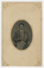 Flutina Musician Tintype 1880 Handsome Man Playing Accordion Music Instrument picture