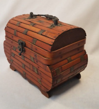 Vintage Treasure Chest Trinket Box Small Wooden Storage Brass Rattan 8