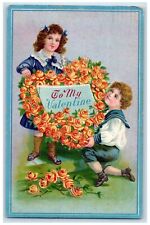 c1910's Valentine Girl Boy Heart Flowers Present Embossed Waterbury CT Postcard picture