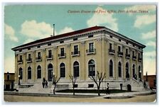 c1910 Custom House Post Office Building People On Stairs Port Arthur TX Postcard picture