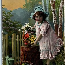 c1910 Cute Little Flower Girl w/ Baskets Litho Photo Gel Postcard Bonnet Vtg A67 picture